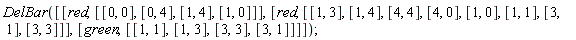DelBar([[red, [[0, 0], [0, 4], [1, 4], [1, 0]]], [red, [[1, 3], [1, 4], [4, 4], [4, 0], [1, 0], [1, 1], [3, 1], [3, 3]]], [green, [[1, 1], [1, 3], [3, 3], [3, 1]]]]);