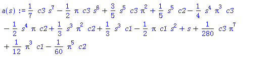(1/7)*c3*s^7-(1/2)*Pi*c3*s^6+(3/5)*s^5*c3*Pi^2+(1/5)*s^5*c2-(1/4)*s^4*Pi^3*c3-(1/2)*s^4*Pi*c2+(1/3)*s^3*Pi^2*c2+(1/3)*s^3*c1-(1/2)*Pi*c1*s^2+s+(1/280)*c3*Pi^7+(1/12)*Pi^3*c1-(1/60)*Pi^5*c2
