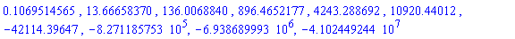 .1069514565, 13.66658370, 136.0068840, 896.4652177, 4243.288692, 10920.44012, -42114.39647, -827118.5753, -6938689.993, -41024492.44
