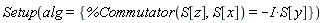 Setup(alg = {%Commutator(S[z], S[x]) = -Physics:-`*`(I, S[y])})