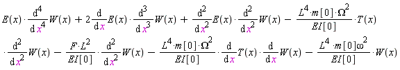 E(x)*(diff(W(x), x, x, x, x))+2*(diff(E(x), x))*(diff(W(x), x, x, x))+(diff(E(x), x, x))*(diff(W(x), x, x))-L^4*m[0]*Omega^2*T(x)*(diff(W(x), x, x))/EI[0]-F*L^2*(diff(W(x), x, x))/EI[0]-L^4*m[0]*Omega^2*(diff(T(x), x))*(diff(W(x), x))/EI[0]-L^4*m[0]*omega^2*W(x)/EI[0]