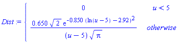 piecewise(u < 5, 0, .650*2^(1/2)*exp(-.850*(ln(u-5)-2.92)^2)/((u-5)*Pi^(1/2)))
