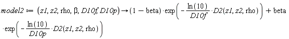 model2 := proc (z1, z2, rho, beta, D10f, D10p) options operator, arrow; (1-beta)*exp(-ln(10)*D2(z1, z2, rho)/D10f)+beta*exp(-ln(10)*D2(z1, z2, rho)/D10p) end proc