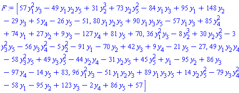 [57*y[1]^2*y[3]-49*y[1]*y[2]*y[5]+31*y[2]^3+73*y[2]*y[5]^2-84*y[1]*y[3]+95*y[1]+148*y[2]-29*y[3]+5*y[4]-26*y[5]-51, 80*y[1]*y[2]*y[5]+90*y[1]*y[3]*y[5]-57*y[1]*y[3]+85*y[4]^2+74*y[1]+27*y[2]+9*y[3]-127*y[4]+81*y[5]+70, 36*y[1]^2*y[3]-8*y[2]^3+30*y[2]*y[3]^2-3*y[3]^2*y[5]-56*y[3]*y[4]^2-5*y[2]^2-91*y[1]-70*y[2]+42*y[3]+9*y[4]-21*y[5]-27, 49*y[1]*y[2]*y[4]-58*y[3]^2*y[5]+49*y[3]*y[5]^2-44*y[2]*y[4]-31*y[2]*y[5]+45*y[5]^2+y[1]-95*y[2]+86*y[3]-97*y[4]-14*y[5]+83, 96*y[1]^2*y[3]-51*y[1]*y[2]*y[3]+89*y[1]*y[3]*y[5]+14*y[2]*y[5]^2-79*y[3]*y[4]^2-58*y[1]-95*y[2]+123*y[3]-2*y[4]+86*y[5]+57]