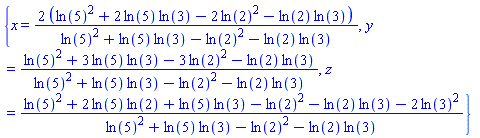 {x = 2*(ln(5)^2+2*ln(5)*ln(3)-2*ln(2)^2-ln(2)*ln(3))/(ln(5)^2+ln(5)*ln(3)-ln(2)^2-ln(2)*ln(3)), y = (ln(5)^2+3*ln(5)*ln(3)-3*ln(2)^2-ln(2)*ln(3))/(ln(5)^2+ln(5)*ln(3)-ln(2)^2-ln(2)*ln(3)), z = (ln(5)^2+2*ln(5)*ln(2)+ln(5)*ln(3)-ln(2)^2-ln(2)*ln(3)-2*ln(3)^2)/(ln(5)^2+ln(5)*ln(3)-ln(2)^2-ln(2)*ln(3))}