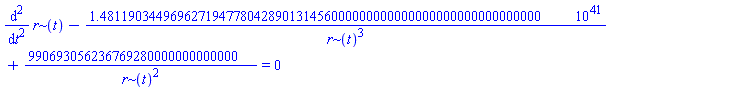 diff(diff(r(t), t), t)-148119034496962719477804289013145600000000.0000000000000000000000/r(t)^3+990693056236769280000000000000/r(t)^2 = 0