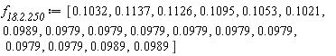 `f__18.2.250` := [.1032, .1137, .1126, .1095, .1053, .1021, 0.989e-1, 0.979e-1, 0.979e-1, 0.979e-1, 0.979e-1, 0.979e-1, 0.979e-1, 0.979e-1, 0.979e-1, 0.989e-1, 0.989e-1]