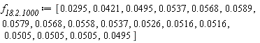 `f__18.2.1000` := [0.295e-1, 0.421e-1, 0.495e-1, 0.537e-1, 0.568e-1, 0.589e-1, 0.579e-1, 0.568e-1, 0.558e-1, 0.537e-1, 0.526e-1, 0.516e-1, 0.516e-1, 0.505e-1, 0.505e-1, 0.505e-1, 0.495e-1]