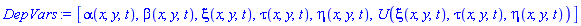 [alpha(x, y, t), beta(x, y, t), xi(x, y, t), tau(x, y, t), eta(x, y, t), U(xi(x, y, t), tau(x, y, t), eta(x, y, t))]