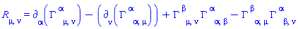 Physics:-Ricci[mu, nu] = Physics:-d_[alpha](Physics:-Christoffel[`~alpha`, mu, nu], [X])-Physics:-d_[nu](Physics:-Christoffel[`~alpha`, alpha, mu], [X])+Physics:-Christoffel[`~beta`, mu, nu]*Physics:-Christoffel[`~alpha`, alpha, beta]-Physics:-Christoffel[`~beta`, alpha, mu]*Physics:-Christoffel[`~alpha`, beta, nu]