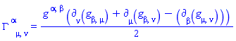 Physics:-Christoffel[`~alpha`, mu, nu] = (1/2)*Physics:-g_[`~alpha`, `~beta`]*(Physics:-d_[nu](Physics:-g_[beta, mu], [X])+Physics:-d_[mu](Physics:-g_[beta, nu], [X])-Physics:-d_[beta](Physics:-g_[mu, nu], [X]))