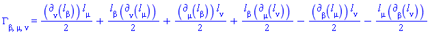 Physics:-Christoffel[beta, mu, nu] = (1/2)*Physics:-d_[nu](l[beta](X), [X])*l[mu](X)+(1/2)*l[beta](X)*Physics:-d_[nu](l[mu](X), [X])+(1/2)*Physics:-d_[mu](l[beta](X), [X])*l[nu](X)+(1/2)*l[beta](X)*Physics:-d_[mu](l[nu](X), [X])-(1/2)*Physics:-d_[beta](l[mu](X), [X])*l[nu](X)-(1/2)*l[mu](X)*Physics:-d_[beta](l[nu](X), [X])