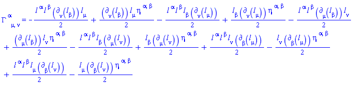 Physics:-Christoffel[`~alpha`, mu, nu] = -(1/2)*l[`~alpha`](X)*l[`~beta`](X)*Physics:-d_[nu](l[beta](X), [X])*l[mu](X)+(1/2)*Physics:-d_[nu](l[beta](X), [X])*l[mu](X)*eta[`~alpha`, `~beta`]-(1/2)*l[`~alpha`](X)*l[`~beta`](X)*l[beta](X)*Physics:-d_[nu](l[mu](X), [X])+(1/2)*l[beta](X)*Physics:-d_[nu](l[mu](X), [X])*eta[`~alpha`, `~beta`]-(1/2)*l[`~alpha`](X)*l[`~beta`](X)*Physics:-d_[mu](l[beta](X), [X])*l[nu](X)+(1/2)*Physics:-d_[mu](l[beta](X), [X])*l[nu](X)*eta[`~alpha`, `~beta`]-(1/2)*l[`~alpha`](X)*l[`~beta`](X)*l[beta](X)*Physics:-d_[mu](l[nu](X), [X])+(1/2)*l[beta](X)*Physics:-d_[mu](l[nu](X), [X])*eta[`~alpha`, `~beta`]+(1/2)*l[`~alpha`](X)*l[`~beta`](X)*l[nu](X)*Physics:-d_[beta](l[mu](X), [X])-(1/2)*l[nu](X)*Physics:-d_[beta](l[mu](X), [X])*eta[`~alpha`, `~beta`]+(1/2)*l[`~alpha`](X)*l[`~beta`](X)*l[mu](X)*Physics:-d_[beta](l[nu](X), [X])-(1/2)*l[mu](X)*Physics:-d_[beta](l[nu](X), [X])*eta[`~alpha`, `~beta`]