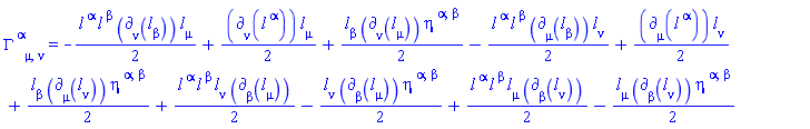 Physics:-Christoffel[`~alpha`, mu, nu] = -(1/2)*l[`~alpha`](X)*l[`~beta`](X)*Physics:-d_[nu](l[beta](X), [X])*l[mu](X)+(1/2)*Physics:-d_[nu](l[`~alpha`](X), [X])*l[mu](X)+(1/2)*l[beta](X)*Physics:-d_[nu](l[mu](X), [X])*eta[`~alpha`, `~beta`]-(1/2)*l[`~alpha`](X)*l[`~beta`](X)*Physics:-d_[mu](l[beta](X), [X])*l[nu](X)+(1/2)*Physics:-d_[mu](l[`~alpha`](X), [X])*l[nu](X)+(1/2)*l[beta](X)*Physics:-d_[mu](l[nu](X), [X])*eta[`~alpha`, `~beta`]+(1/2)*l[`~alpha`](X)*l[`~beta`](X)*l[nu](X)*Physics:-d_[beta](l[mu](X), [X])-(1/2)*l[nu](X)*Physics:-d_[beta](l[mu](X), [X])*eta[`~alpha`, `~beta`]+(1/2)*l[`~alpha`](X)*l[`~beta`](X)*l[mu](X)*Physics:-d_[beta](l[nu](X), [X])-(1/2)*l[mu](X)*Physics:-d_[beta](l[nu](X), [X])*eta[`~alpha`, `~beta`]