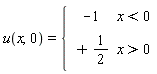 u(x, 0) = piecewise(x < 0, -1, x > 0, 1/2)