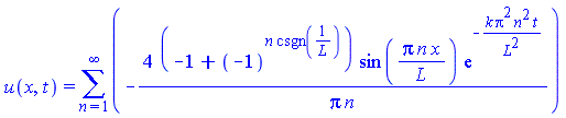 u(x, t) = Sum(-4*(-1+(-1)^(n*csgn(1/L)))*sin(Pi*n*x/L)*exp(-k*Pi^2*n^2*t/L^2)/(Pi*n), n = 1 .. infinity)