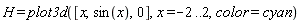 H = plot3d([x, sin(x), 0], x = -2 .. 2, color = cyan)