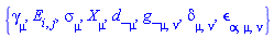 {gamma[mu], E[i, j], sigma[mu], Physics:-d_[mu], Physics:-g_[mu, nu], delta[mu, nu], epsilon[alpha, mu, nu], Physics:-SpaceTimeVector[mu](X)}