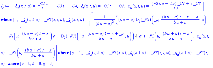 `casesplit/ans`([_xi[x](x, t, u) = (1/3)*_C1*x+_C3*t+_C4, _xi[t](x, t, u) = _C1*t+_C2, _eta[u](x, t, u) = (1/3)*((-2*b*u-2*a)*_C1+3*_C3)/b], []), `casesplit/ans`([_xi[x](x, t, u) = _F3(x, t, u), _xi[t](x, t, u) = Intat(((b*u+a)*(D[1](_F3))(_a, ((b*u+a)*t-x+_a)/(b*u+a), u)-_F1(u, ((b*u+a)*t-x)/(b*u+a))*b+(D[2](_F3))(_a, ((b*u+a)*t-x+_a)/(b*u+a), u))/(b*u+a)^2, _a = x)+_F2(u, ((b*u+a)*t-x)/(b*u+a)), _eta[u](x, t, u) = _F1(u, ((b*u+a)*t-x)/(b*u+a))], [q = 0]), `casesplit/ans`([_xi[x](x, t, u) = _F1(x, u), _xi[t](x, t, u) = _F3(x, t, u), _eta[u](x, t, u) = _F2(x, u)], [a = 0, b = 0, q = 0])