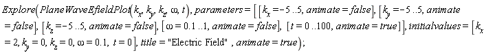 Explore(PlaneWaveEfieldPlot(k__x, k__y, k__z, omega, t), parameters = [[k__x = -5 .. 5, animate = false], [k__y = -5 .. 5, animate = false], [k__z = -5 .. 5, animate = false], [omega = .1 .. 1, animate = false], [t = 0 .. 100, animate = true]], initialvalues = [k__x = 2, k__y = 0, k__z = 0, omega = .1, t = 0], title = "Electric Field", animate = true)