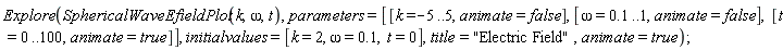 Explore(SphericalWaveEfieldPlot(k, omega, t), parameters = [[k = -5 .. 5, animate = false], [omega = .1 .. 1, animate = false], [t = 0 .. 100, animate = true]], initialvalues = [k = 2, omega = .1, t = 0], title = "Electric Field", animate = true)