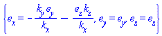 {e__x = -k__y*e__y/k__x-e__z*k__z/k__x, e__y = e__y, e__z = e__z}