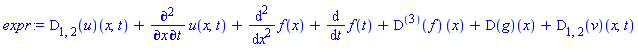 (D[1, 2](u))(x, t)+diff(diff(u(x, t), t), x)+diff(diff(f(x), x), x)+diff(f(t), t)+((D@@3)(f))(x)+(D(g))(x)+(D[1, 2](v))(x, t)