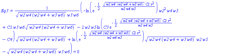 (-ln(exp(-(1/2)*(w2*w4*(w2*w4+w3*w6))^(1/2)*C2*x^2/(w2*w4*w5)))*w2^2*w4*w5+C1*w3*w6*(w2*w4*(w2*w4+w3*w6))^(1/2)-2*w2*w5*ln(C3*exp(-(1/2)*(w2*w4*(w2*w4+w3*w6))^(1/2)*C2*x^2/(w2*w4*w5))-C4)*(w2*w4*(w2*w4+w3*w6))^(1/2)+ln(exp(-(1/2)*(w2*w4*(w2*w4+w3*w6))^(1/2)*C2*x^2/(w2*w4*w5)))*(w2*w4*(w2*w4+w3*w6))^(1/2)*w2*w5-(w2*w4*(w2*w4+w3*w6))^(1/2)*w3*w6)/((w2*w4*(w2*w4+w3*w6))^(1/2)*w3*w6) = 0