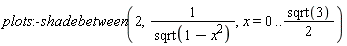 plots:-shadebetween(2, 1/sqrt(-x^2+1), x = 0 .. (1/2)*sqrt(3))