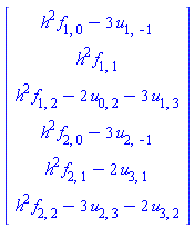 Vector(6, {(1) = h^2*f[1, 0]-3*u[1, -1], (2) = h^2*f[1, 1], (3) = h^2*f[1, 2]-2*u[0, 2]-3*u[1, 3], (4) = h^2*f[2, 0]-3*u[2, -1], (5) = h^2*f[2, 1]-2*u[3, 1], (6) = h^2*f[2, 2]-3*u[2, 3]-2*u[3, 2]})