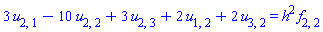 3*u[2, 1]-10*u[2, 2]+3*u[2, 3]+2*u[1, 2]+2*u[3, 2] = h^2*f[2, 2]
