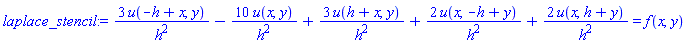 3*u(-h+x, y)/h^2-10*u(x, y)/h^2+3*u(h+x, y)/h^2+2*u(x, -h+y)/h^2+2*u(x, h+y)/h^2 = f(x, y)
