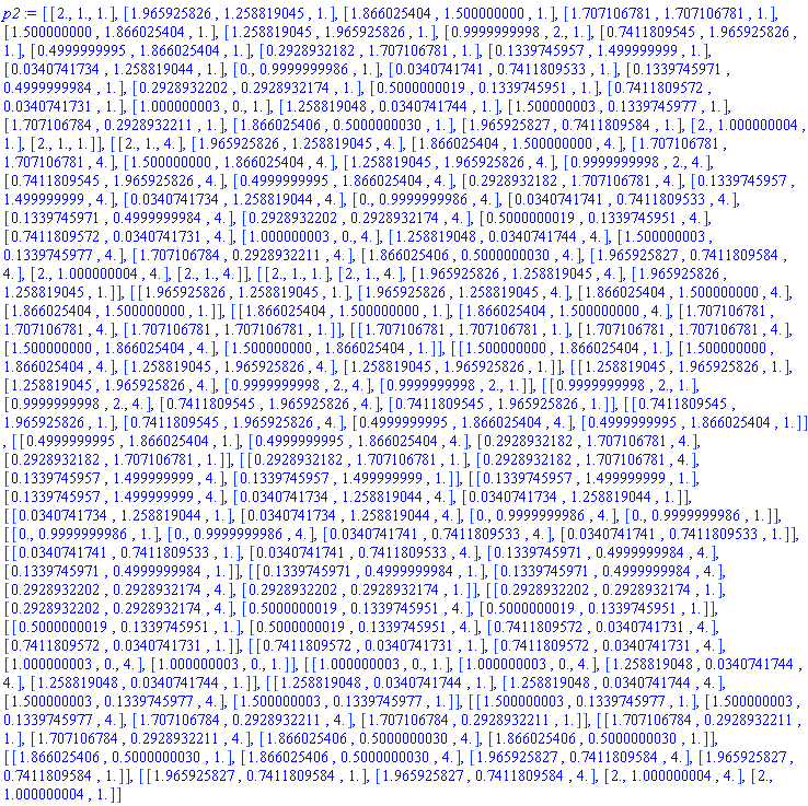 [[2., 1., HFloat(1.0)], [1.965925826, 1.258819045, HFloat(1.0)], [1.866025404, 1.500000000, HFloat(1.0)], [1.707106781, 1.707106781, HFloat(1.0)], [1.500000000, 1.866025404, HFloat(1.0)], [1.258819045, 1.965925826, HFloat(1.0)], [.9999999998, 2., HFloat(1.0)], [.7411809545, 1.965925826, HFloat(1.0)], [.4999999995, 1.866025404, HFloat(1.0)], [.2928932182, 1.707106781, HFloat(1.0)], [.1339745957, 1.499999999, HFloat(1.0)], [0.340741734e-1, 1.258819044, HFloat(1.0)], [0., .9999999986, HFloat(1.0)], [0.340741741e-1, .7411809533, HFloat(1.0)], [.1339745971, .4999999984, HFloat(1.0)], [.2928932202, .2928932174, HFloat(1.0)], [.5000000019, .1339745951, HFloat(1.0)], [.7411809572, 0.340741731e-1, HFloat(1.0)], [1.000000003, 0., HFloat(1.0)], [1.258819048, 0.340741744e-1, HFloat(1.0)], [1.500000003, .1339745977, HFloat(1.0)], [1.707106784, .2928932211, HFloat(1.0)], [1.866025406, .5000000030, HFloat(1.0)], [1.965925827, .7411809584, HFloat(1.0)], [2., 1.000000004, HFloat(1.0)], [2., 1., HFloat(1.0)]], [[2., 1., HFloat(4.0)], [1.965925826, 1.258819045, HFloat(4.0)], [1.866025404, 1.500000000, HFloat(4.0)], [1.707106781, 1.707106781, HFloat(4.0)], [1.500000000, 1.866025404, HFloat(4.0)], [1.258819045, 1.965925826, HFloat(4.0)], [.9999999998, 2., HFloat(4.0)], [.7411809545, 1.965925826, HFloat(4.0)], [.4999999995, 1.866025404, HFloat(4.0)], [.2928932182, 1.707106781, HFloat(4.0)], [.1339745957, 1.499999999, HFloat(4.0)], [0.340741734e-1, 1.258819044, HFloat(4.0)], [0., .9999999986, HFloat(4.0)], [0.340741741e-1, .7411809533, HFloat(4.0)], [.1339745971, .4999999984, HFloat(4.0)], [.2928932202, .2928932174, HFloat(4.0)], [.5000000019, .1339745951, HFloat(4.0)], [.7411809572, 0.340741731e-1, HFloat(4.0)], [1.000000003, 0., HFloat(4.0)], [1.258819048, 0.340741744e-1, HFloat(4.0)], [1.500000003, .1339745977, HFloat(4.0)], [1.707106784, .2928932211, HFloat(4.0)], [1.866025406, .5000000030, HFloat(4.0)], [1.965925827, .7411809584, HFloat(4.0)], [2., 1.000000004, HFloat(4.0)], [2., 1., HFloat(4.0)]], [[2., 1., HFloat(1.0)], [2., 1., HFloat(4.0)], [1.965925826, 1.258819045, HFloat(4.0)], [1.965925826, 1.258819045, HFloat(1.0)]], [[1.965925826, 1.258819045, HFloat(1.0)], [1.965925826, 1.258819045, HFloat(4.0)], [1.866025404, 1.500000000, HFloat(4.0)], [1.866025404, 1.500000000, HFloat(1.0)]], [[1.866025404, 1.500000000, HFloat(1.0)], [1.866025404, 1.500000000, HFloat(4.0)], [1.707106781, 1.707106781, HFloat(4.0)], [1.707106781, 1.707106781, HFloat(1.0)]], [[1.707106781, 1.707106781, HFloat(1.0)], [1.707106781, 1.707106781, HFloat(4.0)], [1.500000000, 1.866025404, HFloat(4.0)], [1.500000000, 1.866025404, HFloat(1.0)]], [[1.500000000, 1.866025404, HFloat(1.0)], [1.500000000, 1.866025404, HFloat(4.0)], [1.258819045, 1.965925826, HFloat(4.0)], [1.258819045, 1.965925826, HFloat(1.0)]], [[1.258819045, 1.965925826, HFloat(1.0)], [1.258819045, 1.965925826, HFloat(4.0)], [.9999999998, 2., HFloat(4.0)], [.9999999998, 2., HFloat(1.0)]], [[.9999999998, 2., HFloat(1.0)], [.9999999998, 2., HFloat(4.0)], [.7411809545, 1.965925826, HFloat(4.0)], [.7411809545, 1.965925826, HFloat(1.0)]], [[.7411809545, 1.965925826, HFloat(1.0)], [.7411809545, 1.965925826, HFloat(4.0)], [.4999999995, 1.866025404, HFloat(4.0)], [.4999999995, 1.866025404, HFloat(1.0)]], [[.4999999995, 1.866025404, HFloat(1.0)], [.4999999995, 1.866025404, HFloat(4.0)], [.2928932182, 1.707106781, HFloat(4.0)], [.2928932182, 1.707106781, HFloat(1.0)]], [[.2928932182, 1.707106781, HFloat(1.0)], [.2928932182, 1.707106781, HFloat(4.0)], [.1339745957, 1.499999999, HFloat(4.0)], [.1339745957, 1.499999999, HFloat(1.0)]], [[.1339745957, 1.499999999, HFloat(1.0)], [.1339745957, 1.499999999, HFloat(4.0)], [0.340741734e-1, 1.258819044, HFloat(4.0)], [0.340741734e-1, 1.258819044, HFloat(1.0)]], [[0.340741734e-1, 1.258819044, HFloat(1.0)], [0.340741734e-1, 1.258819044, HFloat(4.0)], [0., .9999999986, HFloat(4.0)], [0., .9999999986, HFloat(1.0)]], [[0., .9999999986, HFloat(1.0)], [0., .9999999986, HFloat(4.0)], [0.340741741e-1, .7411809533, HFloat(4.0)], [0.340741741e-1, .7411809533, HFloat(1.0)]], [[0.340741741e-1, .7411809533, HFloat(1.0)], [0.340741741e-1, .7411809533, HFloat(4.0)], [.1339745971, .4999999984, HFloat(4.0)], [.1339745971, .4999999984, HFloat(1.0)]], [[.1339745971, .4999999984, HFloat(1.0)], [.1339745971, .4999999984, HFloat(4.0)], [.2928932202, .2928932174, HFloat(4.0)], [.2928932202, .2928932174, HFloat(1.0)]], [[.2928932202, .2928932174, HFloat(1.0)], [.2928932202, .2928932174, HFloat(4.0)], [.5000000019, .1339745951, HFloat(4.0)], [.5000000019, .1339745951, HFloat(1.0)]], [[.5000000019, .1339745951, HFloat(1.0)], [.5000000019, .1339745951, HFloat(4.0)], [.7411809572, 0.340741731e-1, HFloat(4.0)], [.7411809572, 0.340741731e-1, HFloat(1.0)]], [[.7411809572, 0.340741731e-1, HFloat(1.0)], [.7411809572, 0.340741731e-1, HFloat(4.0)], [1.000000003, 0., HFloat(4.0)], [1.000000003, 0., HFloat(1.0)]], [[1.000000003, 0., HFloat(1.0)], [1.000000003, 0., HFloat(4.0)], [1.258819048, 0.340741744e-1, HFloat(4.0)], [1.258819048, 0.340741744e-1, HFloat(1.0)]], [[1.258819048, 0.340741744e-1, HFloat(1.0)], [1.258819048, 0.340741744e-1, HFloat(4.0)], [1.500000003, .1339745977, HFloat(4.0)], [1.500000003, .1339745977, HFloat(1.0)]], [[1.500000003, .1339745977, HFloat(1.0)], [1.500000003, .1339745977, HFloat(4.0)], [1.707106784, .2928932211, HFloat(4.0)], [1.707106784, .2928932211, HFloat(1.0)]], [[1.707106784, .2928932211, HFloat(1.0)], [1.707106784, .2928932211, HFloat(4.0)], [1.866025406, .5000000030, HFloat(4.0)], [1.866025406, .5000000030, HFloat(1.0)]], [[1.866025406, .5000000030, HFloat(1.0)], [1.866025406, .5000000030, HFloat(4.0)], [1.965925827, .7411809584, HFloat(4.0)], [1.965925827, .7411809584, HFloat(1.0)]], [[1.965925827, .7411809584, HFloat(1.0)], [1.965925827, .7411809584, HFloat(4.0)], [2., 1.000000004, HFloat(4.0)], [2., 1.000000004, HFloat(1.0)]]