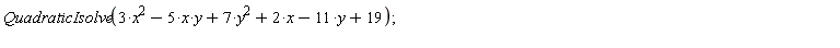 QuadraticIsolve(3*x^2-5*x*y+7*y^2+2*x-11*y+19)