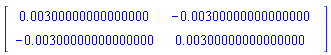 Matrix(2, 2, {(1, 1) = 0.300000000000000e-2, (1, 2) = -0.300000000000000e-2, (2, 1) = -0.300000000000000e-2, (2, 2) = 0.300000000000000e-2})