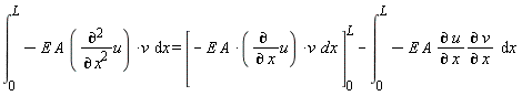 "(&int;)[0]^(L)-E A (((&PartialD;)^2)/((&PartialD;)^( )x^2)u) *v  &DifferentialD;x = [- E A *(((&PartialD; )/(&PartialD; x)u) *v  dx) ? () ][0]^(L) - (&int;)[0]^(L)-E A (&PartialD; u)/(&PartialD; x)(&PartialD; v)/(&PartialD; x)  &DifferentialD;x "