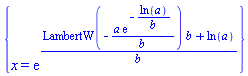 {x = exp((LambertW(-a*exp(-ln(a)/b)/b)*b+ln(a))/b)}