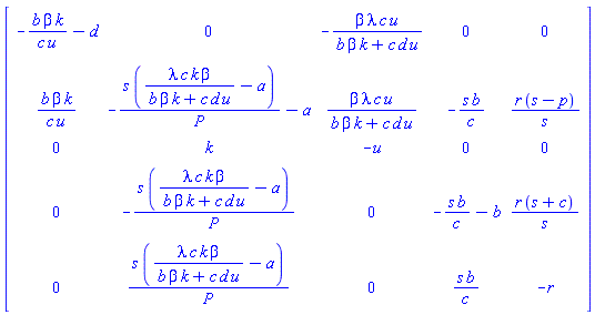 Matrix(5, 5, {(1, 1) = -b*beta*k/(c*u)-d, (1, 2) = 0, (1, 3) = -beta*lambda*c*u/(b*beta*k+c*d*u), (1, 4) = 0, (1, 5) = 0, (2, 1) = b*beta*k/(c*u), (2, 2) = -s*(lambda*c*k*beta/(b*beta*k+c*d*u)-a)/P-a, (2, 3) = beta*lambda*c*u/(b*beta*k+c*d*u), (2, 4) = -s*b/c, (2, 5) = r*(s-p)/s, (3, 1) = 0, (3, 2) = k, (3, 3) = -u, (3, 4) = 0, (3, 5) = 0, (4, 1) = 0, (4, 2) = -s*(lambda*c*k*beta/(b*beta*k+c*d*u)-a)/P, (4, 3) = 0, (4, 4) = -s*b/c-b, (4, 5) = r*(s+c)/s, (5, 1) = 0, (5, 2) = s*(lambda*c*k*beta/(b*beta*k+c*d*u)-a)/P, (5, 3) = 0, (5, 4) = s*b/c, (5, 5) = -r})
