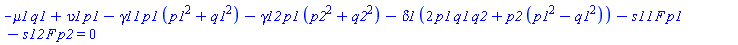 -mu1*q1+upsilon1*p1-gamma11*p1*(p1^2+q1^2)-gamma12*p1*(p2^2+q2^2)-delta1*(2*p1*q1*q2+p2*(p1^2-q1^2))-s11*F*p1-s12*F*p2 = 0
