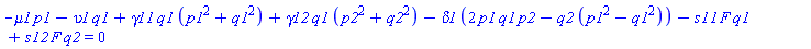 -mu1*p1-upsilon1*q1+gamma11*q1*(p1^2+q1^2)+gamma12*q1*(p2^2+q2^2)-delta1*(2*p1*q1*p2-q2*(p1^2-q1^2))-s11*F*q1+s12*F*q2 = 0