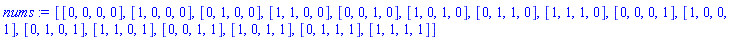 [[0, 0, 0, 0], [1, 0, 0, 0], [0, 1, 0, 0], [1, 1, 0, 0], [0, 0, 1, 0], [1, 0, 1, 0], [0, 1, 1, 0], [1, 1, 1, 0], [0, 0, 0, 1], [1, 0, 0, 1], [0, 1, 0, 1], [1, 1, 0, 1], [0, 0, 1, 1], [1, 0, 1, 1], [0, 1, 1, 1], [1, 1, 1, 1]]