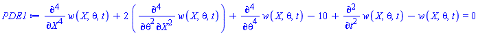 diff(diff(diff(diff(w(X, theta, t), X), X), X), X)+2*(diff(diff(diff(diff(w(X, theta, t), X), X), theta), theta))+diff(diff(diff(diff(w(X, theta, t), theta), theta), theta), theta)-10+diff(diff(w(X, theta, t), t), t)-w(X, theta, t) = 0