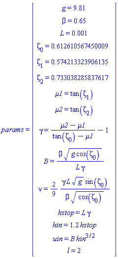 params = (Matrix(15, 1, {(1, 1) = g = 9.81, (2, 1) = beta = .65, (3, 1) = L = 0.1e-2, (4, 1) = Zeta[0] = .612610567450009, (5, 1) = Zeta[1] = .574213323906135, (6, 1) = Zeta[2] = .733038285837617, (7, 1) = mu1 = tan(Zeta[1]), (8, 1) = mu2 = tan(Zeta[2]), (9, 1) = gamma = (mu2-mu1)/(tan(Zeta[0])-mu1)-1, (10, 1) = B = beta*sqrt(g*cos(Zeta[0]))/(gamma*L), (11, 1) = nu = (2/9)*gamma*L*sqrt(g)*sin(Zeta[0])/(beta*sqrt(cos(Zeta[0]))), (12, 1) = hstop = gamma*L, (13, 1) = hin = 1.2*hstop, (14, 1) = uin = B*hin^(3/2), (15, 1) = l = 2}))