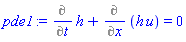 Diff(h(x, t), t)+Diff(h(x, t)*u(x, t), x) = 0