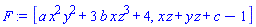[a*x^2*y^2+3*b*x*z^3+4, x*z+y*z+c-1]