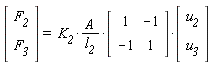 (Vector(2, {(1) = F__2, (2) = F__3})) = K__2*A*(Matrix(2, 2, {(1, 1) = 1, (1, 2) = -1, (2, 1) = -1, (2, 2) = 1}))*(Vector(2, {(1) = u__2, (2) = u__3}))/l__2
