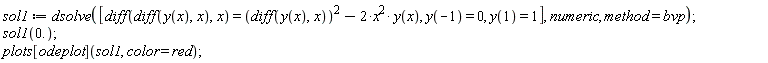 sol1 := dsolve([diff(diff(y(x), x), x) = (diff(y(x), x))^2-2*x^2*y(x), y(-1) = 0, y(1) = 1], numeric, method = bvp);
