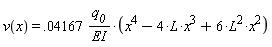 v(x) = 0.4167e-1*q__0*(6*L^2*x^2-4*L*x^3+x^4)/EI