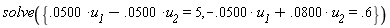 solve({-0.500e-1*u__1+0.800e-1*u__2 = .6, 0.500e-1*u__1-0.500e-1*u__2 = 5})