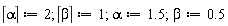 سيل (ألفا): = 2؛  سيل (بيتا): = 1؛  ألفا: = 1.5؛  بيتا: = .5